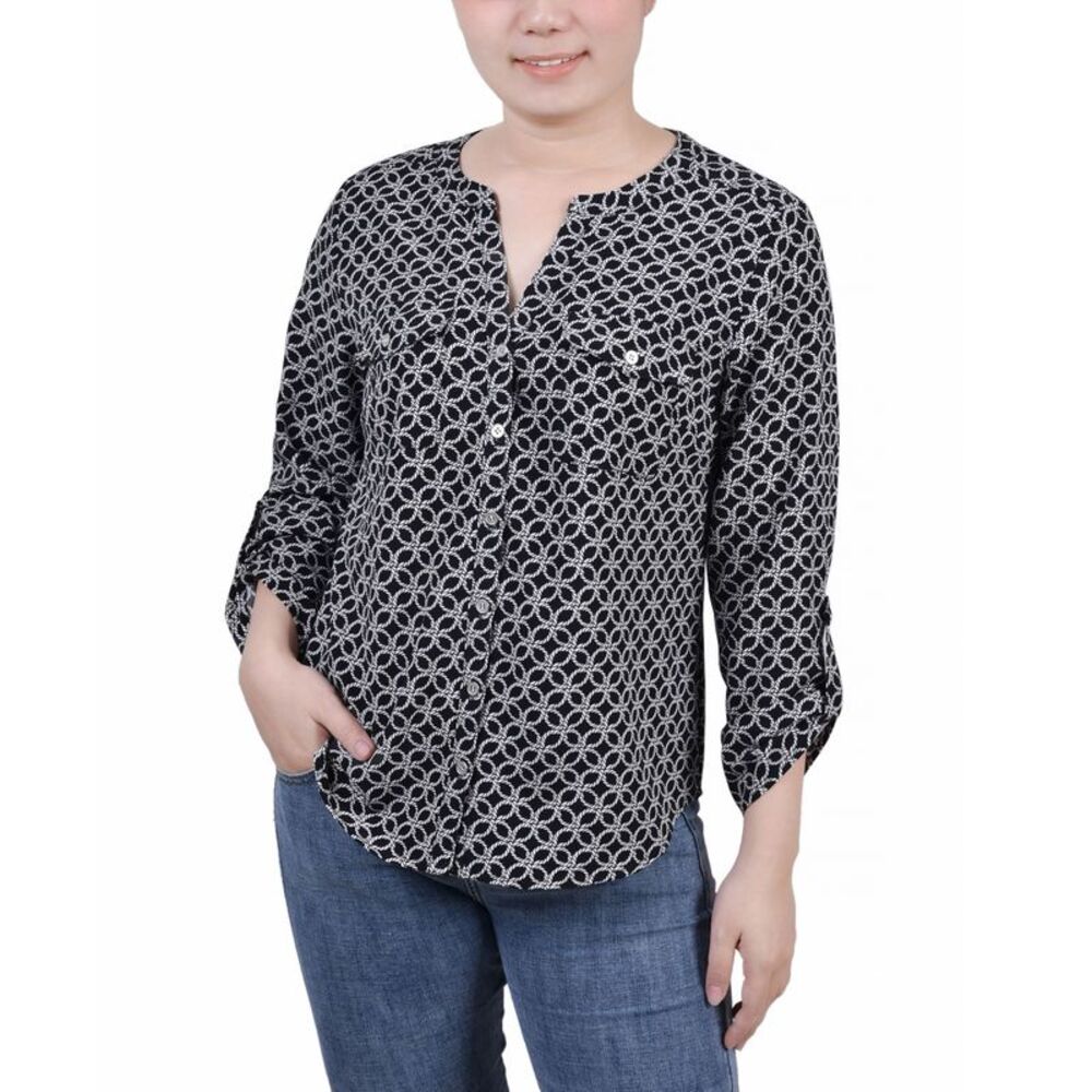 NY Collection Petite 3/4 Sleeve Roll Tab Y Neck Blouse